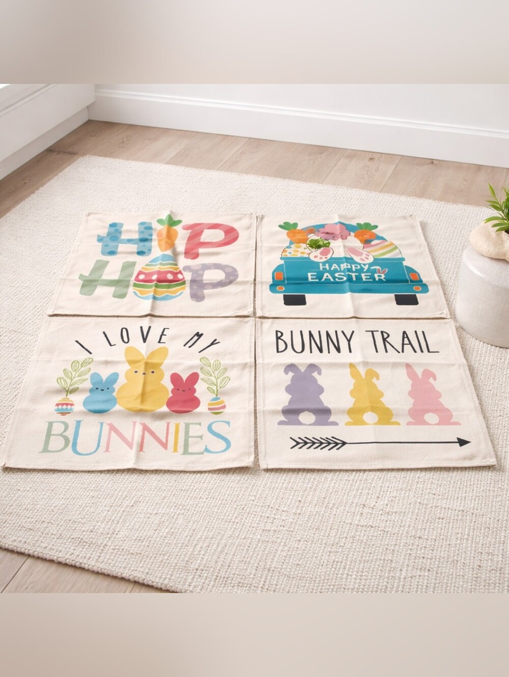 Easter Bunny Pillow Covers 20x20- Pastel Multicolor Set Of 4. New.